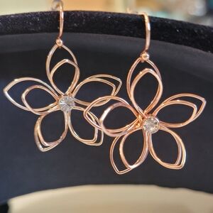 Rose Gold Rhinestone Floral Dangling Earrings